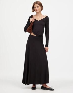 Madewell Asymmetric Seam Jersey Midi Skirt Womens M Jet Black Pull On Stretch